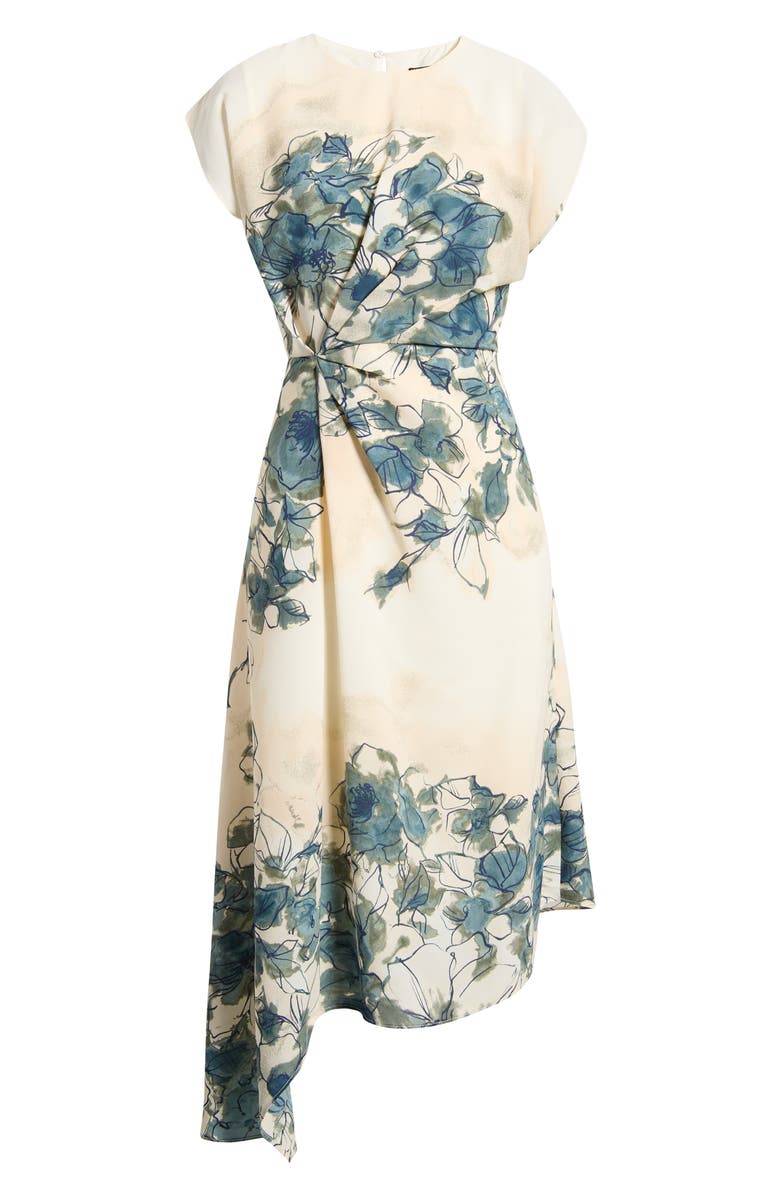 Maggy London Placed Floral Cap Sleeve Asymmetric Hem Midi Dress, Main, color, Ivory/ Blue