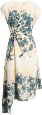 Maggy London Placed Floral Cap Sleeve Asymmetric Hem Midi Dress