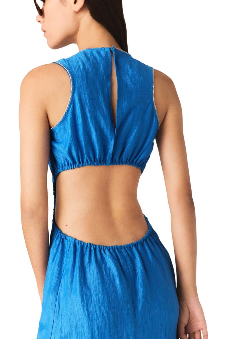 Backless Linen-Blend Midi Dress, Alternate, color, Blue