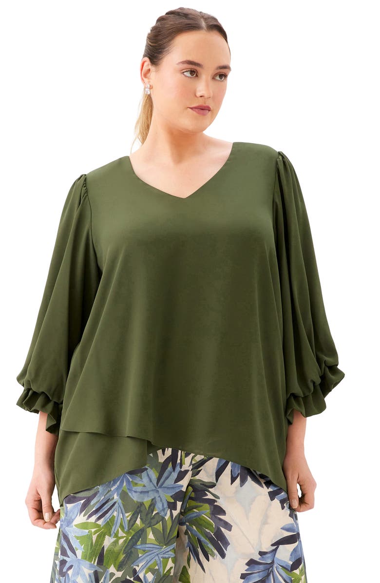 Karen Kane Layered Sleeve Asymmetric Top, Alternate, color, Light Olive