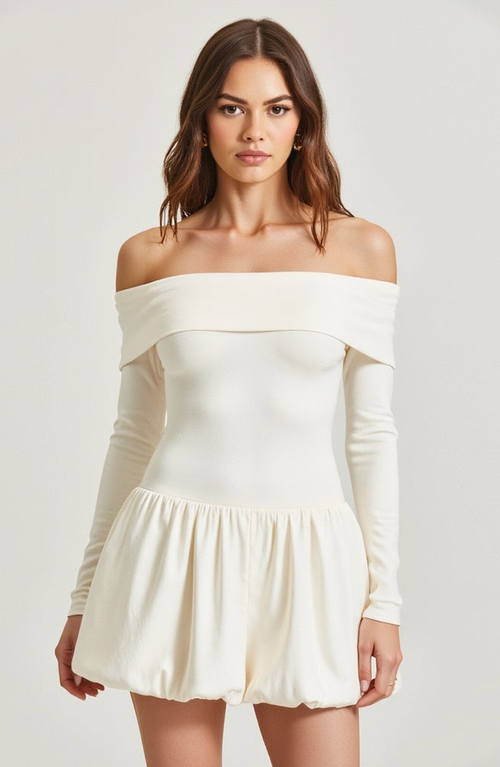 Modenaire Off-shoulder Long-sleeve Mini Dress With Bubble Hem In White