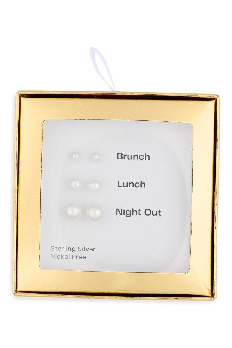 Set of 3 Everyday Faux Pearl Stud Earrings, Main, color, WHITE- SILVER