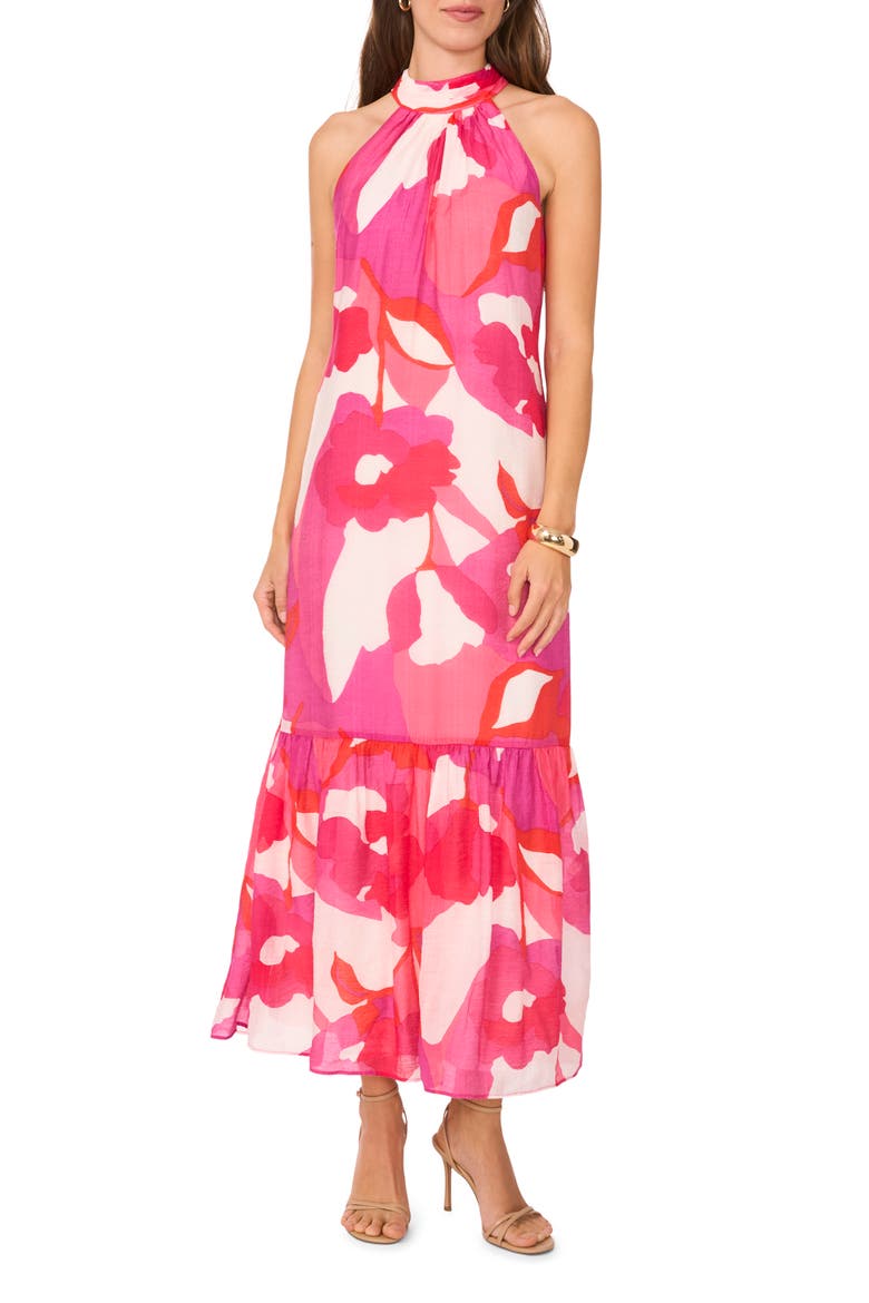 Floral Print Ruffle Hem Sleeveless Maxi Dress, Main, color, NEW IVORY/ PINK