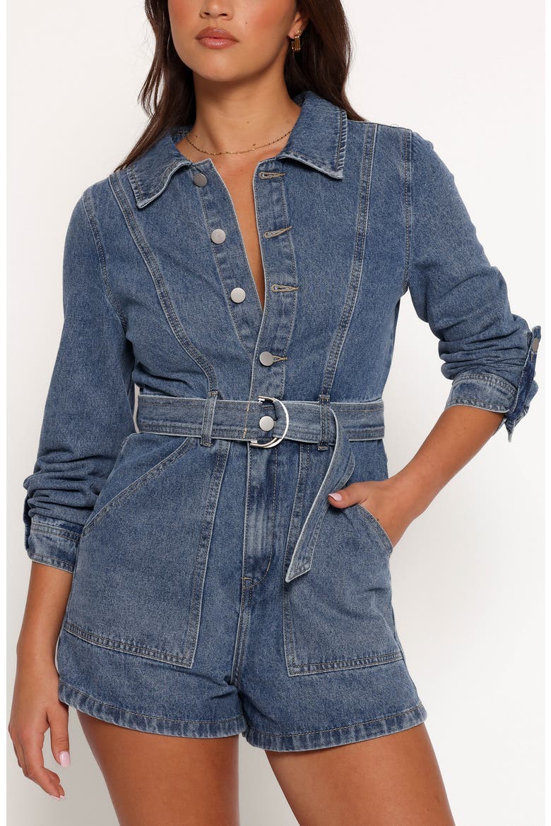 Brady Belted Denim Long Sleeve Romper, Main, color, BLUE