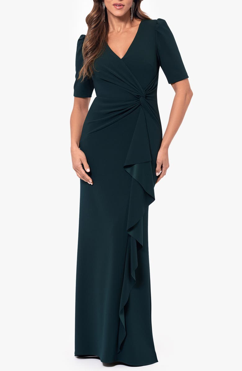 Xscape Evenings Twist Front Scuba Crepe Ruffle Gown, Main, color, 