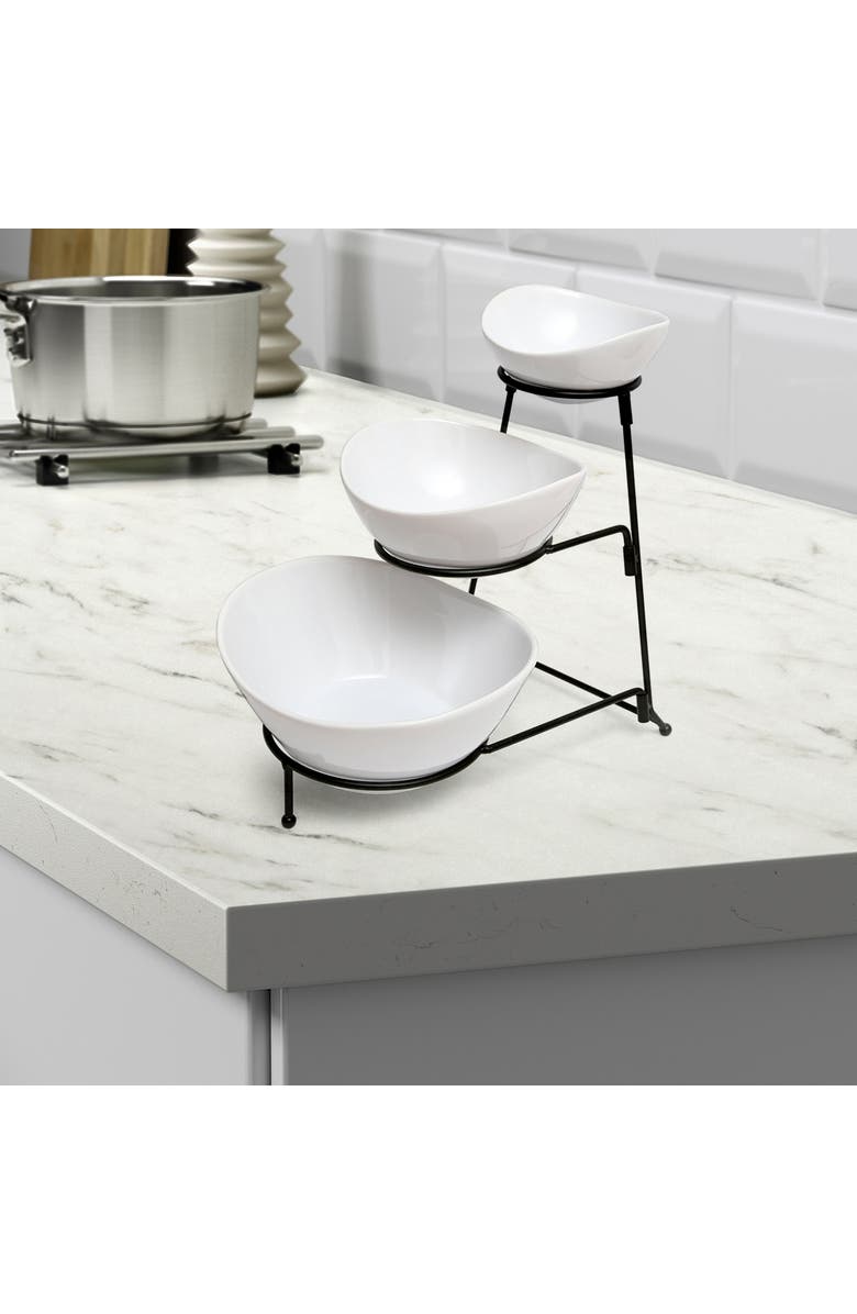 Gibson Gracious Dining 3 Tier Bowl Server Set with Metal Stand, Alternate, color, White