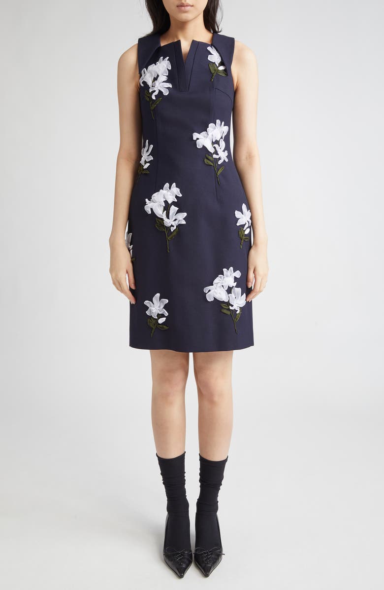 Shushu/Tong Waist Cinching Floral Appliqué Wool & Silk Sheath Dress, Main, color,