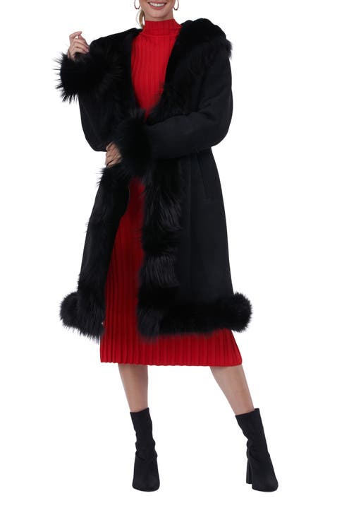 Genuine Shearling Short Coat With Genuine Shearling Tuxedo Collar, Hood Trim, Cuffs & Bottom