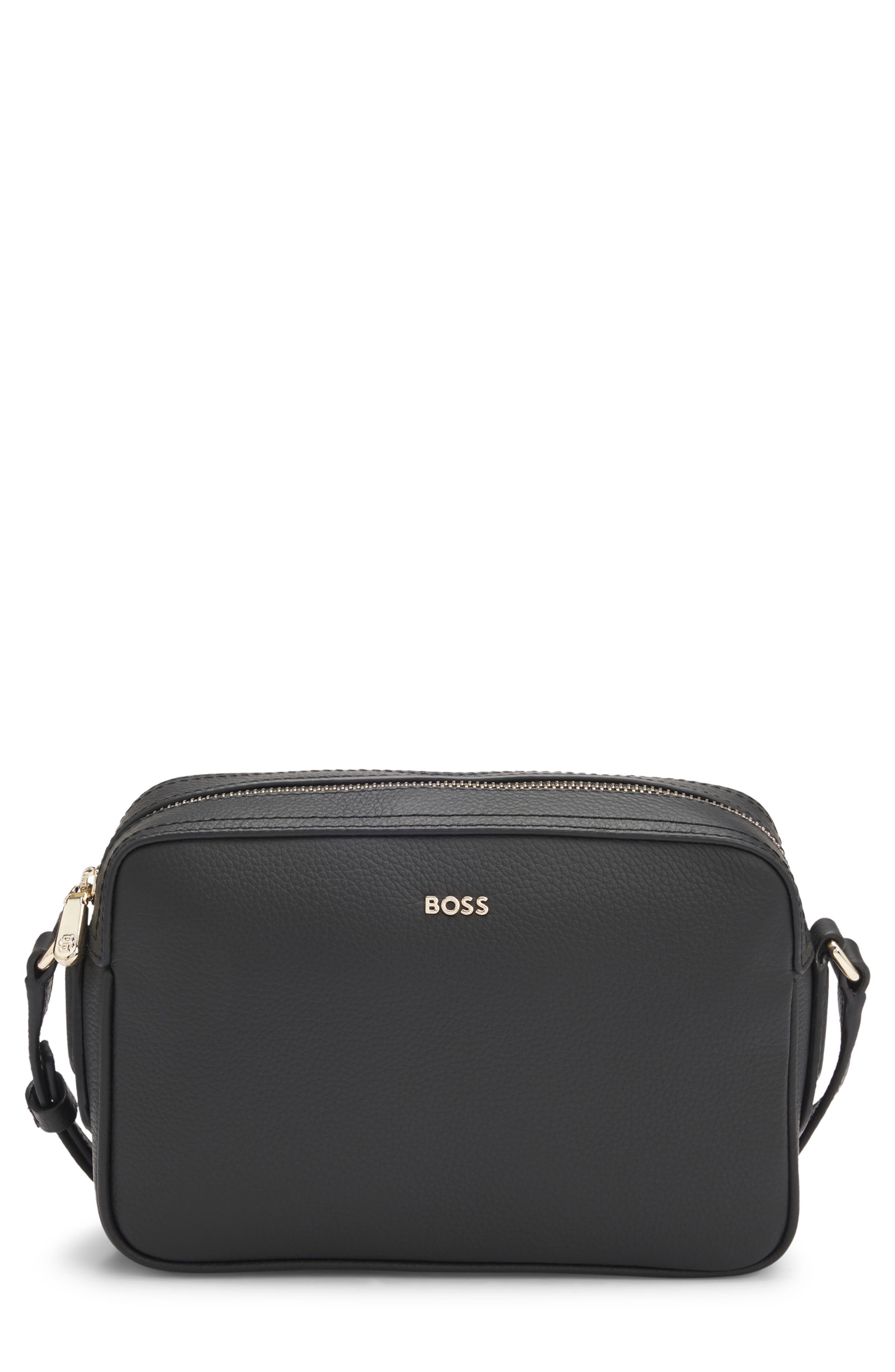 HUGO Lenah Leather Crossbody Bag, Main, color, Black