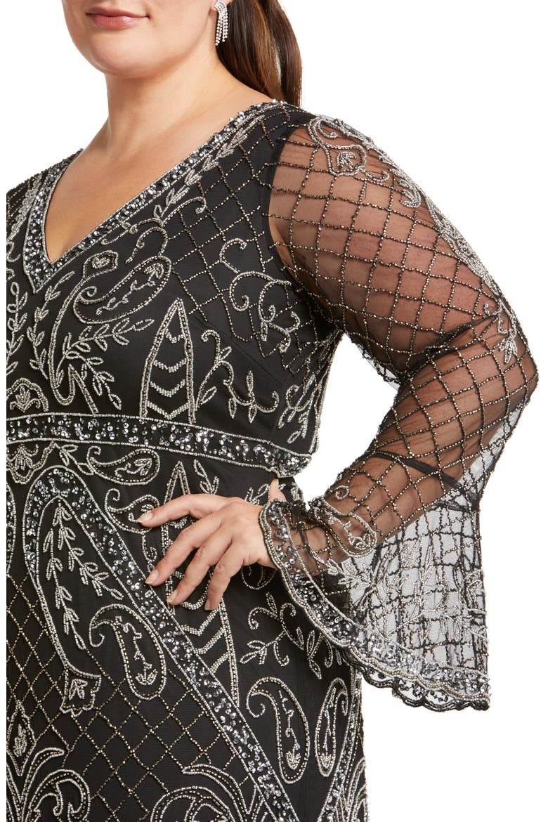 Embellished Sheer Long Sleeve Gown, Alternate, color, BLACK/ SILVER