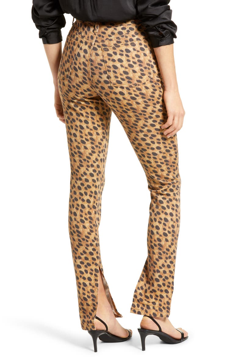 We Wore What Stiletto High Waist Split Hem Leopard Skinny Jeans, Alternate, color, BROWN