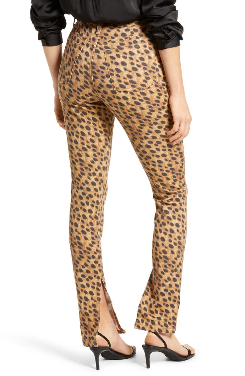 WeWoreWhat We Wore What Stiletto High Waist Split Hem Leopard Skinny Jeans, Alternate, color, 