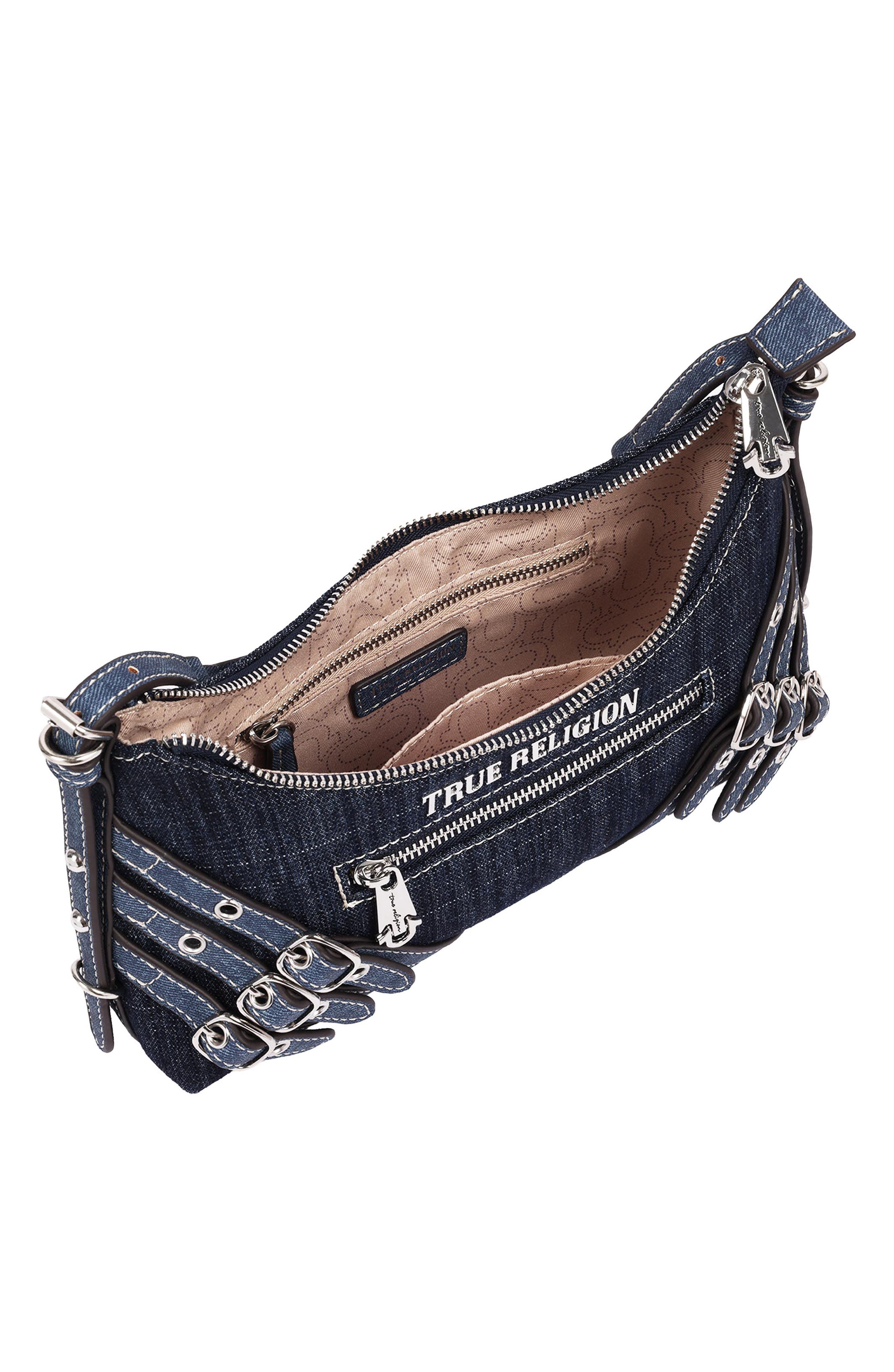 Triple Straps Denim Shoulder Bag, Alternate, color, DARK DENIM