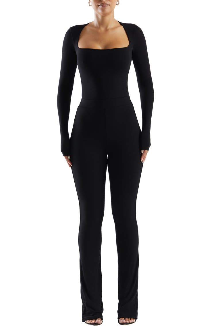 Squared Away Long Sleeve Thong Bodysuit, Main, color, BLACK