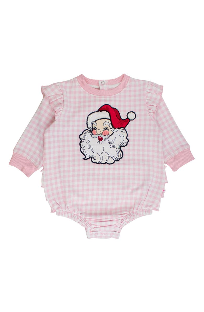 RuffleButts Baby Girls Applique Sweatshirt Bubble Romper, Main, color, Dear Santa Pink Gingham