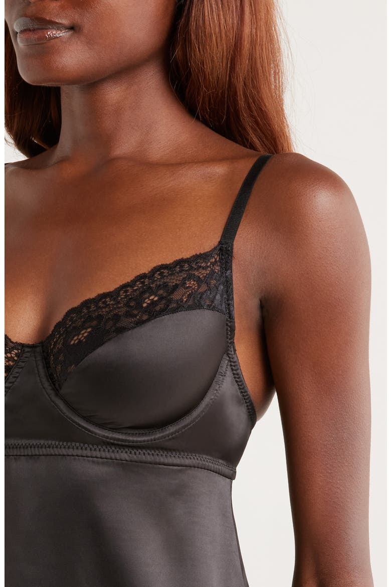 Ever After Stretch Satin Chemise, Alternate, color, BLACK