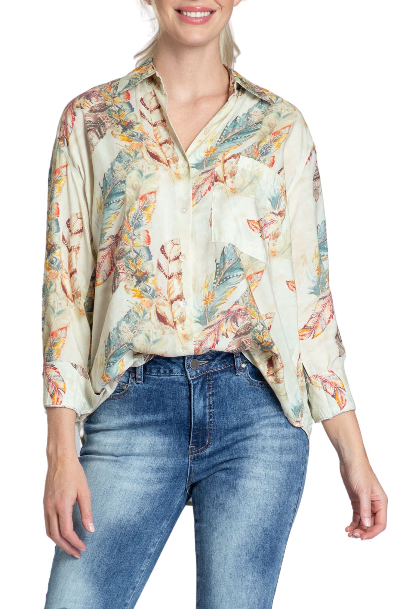 Oversize Feather Print Button-Up Shirt - image 3