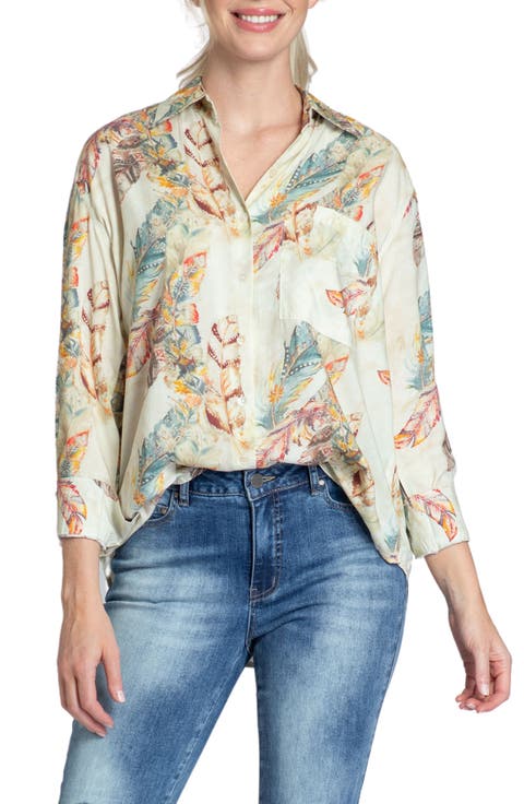 Oversize Feather Print Button-Up Shirt