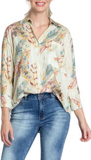 APNY Oversize Feather Print Button-Up Shirt