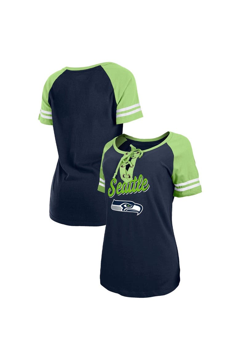 Women's New Era College Navy/Neon Green Seattle Seahawks Lightweight Lace-Up Raglan T-Shirt, Main, color, Navy