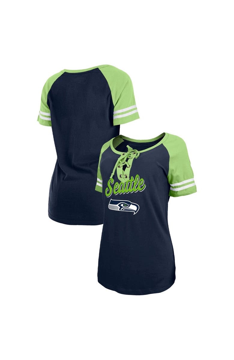 New Era Women's New Era College Navy/Neon Green Seattle Seahawks Lightweight Lace-Up Raglan T-Shirt, Main, color, 