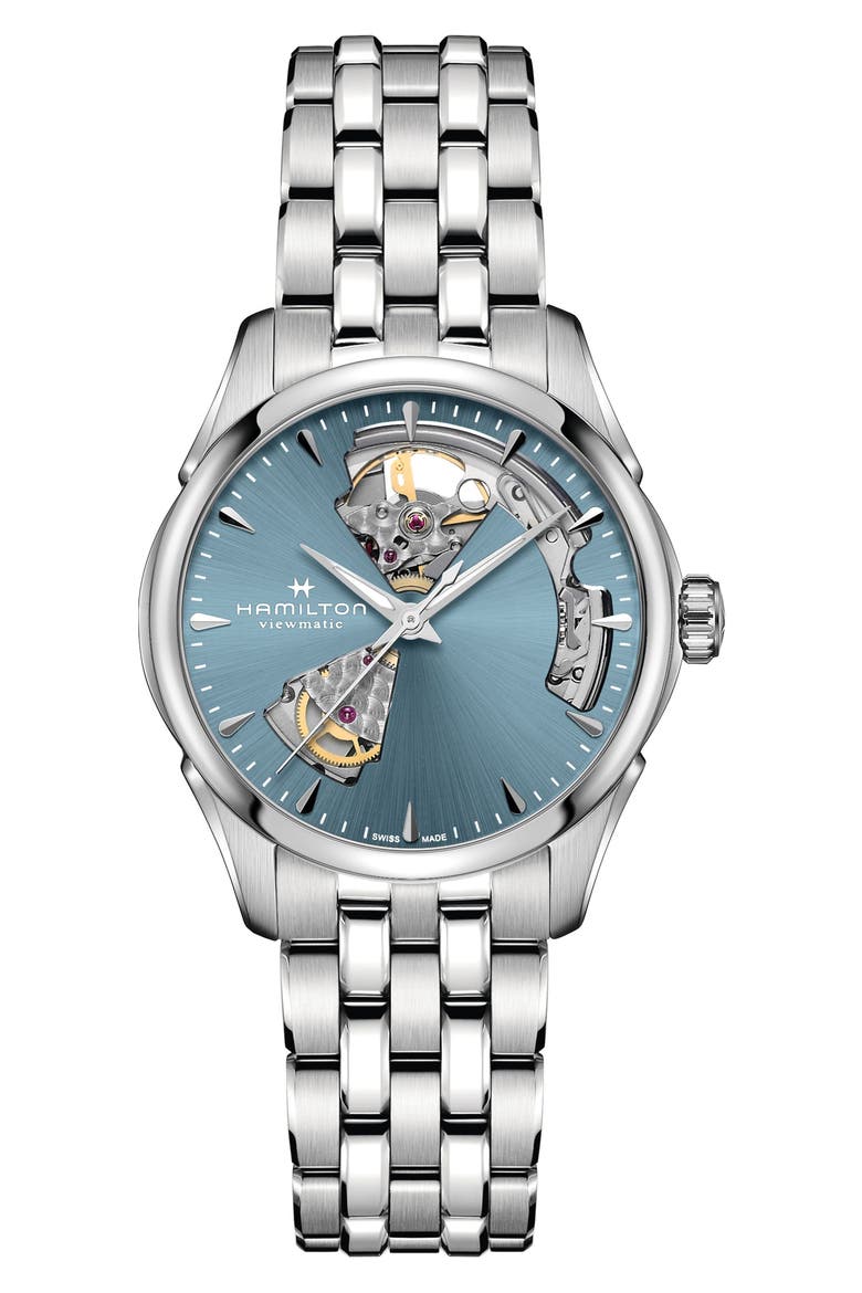 Jazzmaster Open Heart Bracelet Watch, 36mm, Main, color, LIGHT BLUE/SILVER