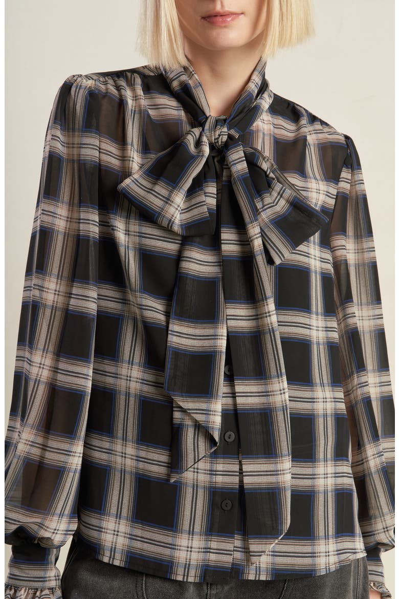 Plaid Button Down Tie Neck Top, Alternate, color, BLACK MULTI