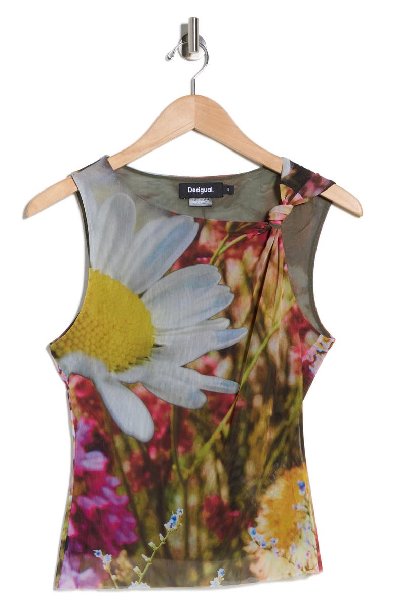 Desigual Floral Knotted Mesh Tank, Alternate, color, Yellow