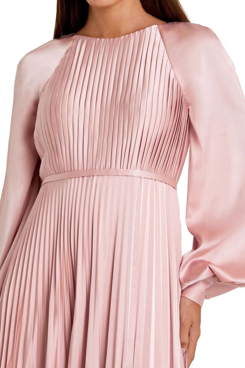 Petite Pleated High Neck Raglan Long Sleeve Side Slit Gown, Alternate, color, Blush