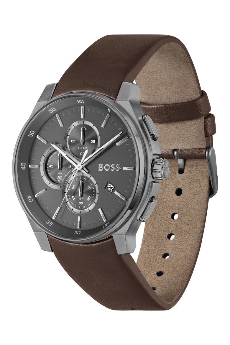 Peak 2.0 Chronograph Leather Strap Watch, 45mm, Alternate, color, GRAY