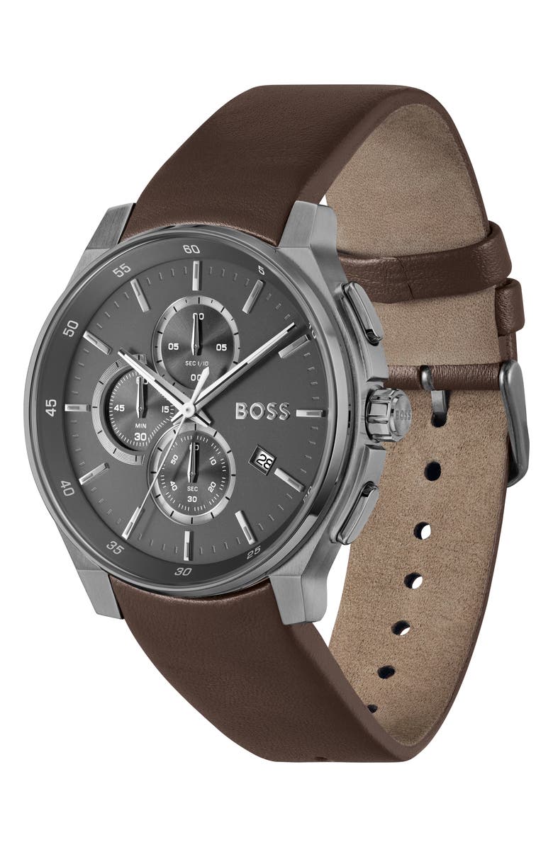 BOSS Peak 2.0 Chronograph Leather Strap Watch, 45mm, Alternate, color, Brown/ Gray