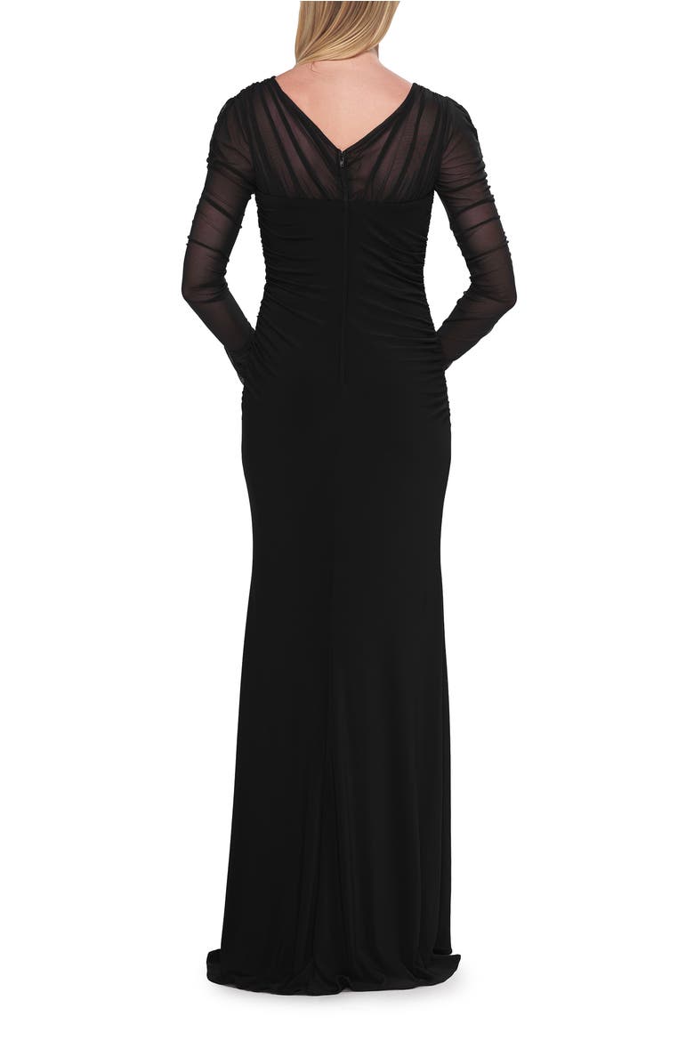 Long Sleeve Sheer Net Jersey Gown with Ruching, Alternate, color, Black