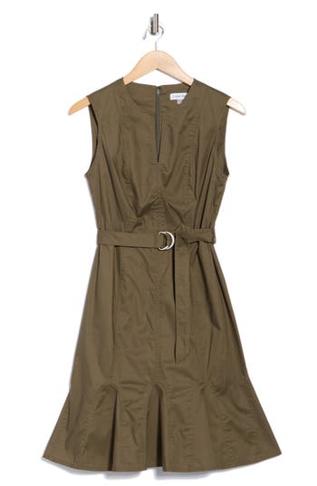 Calvin Klein Belted A-line Dress In Green