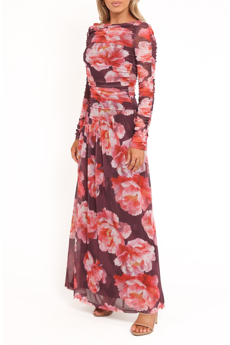 Calypso Floral Ruched Long Sleeve Mesh Maxi Dress, Alternate, color, BURGUNDY PEONY