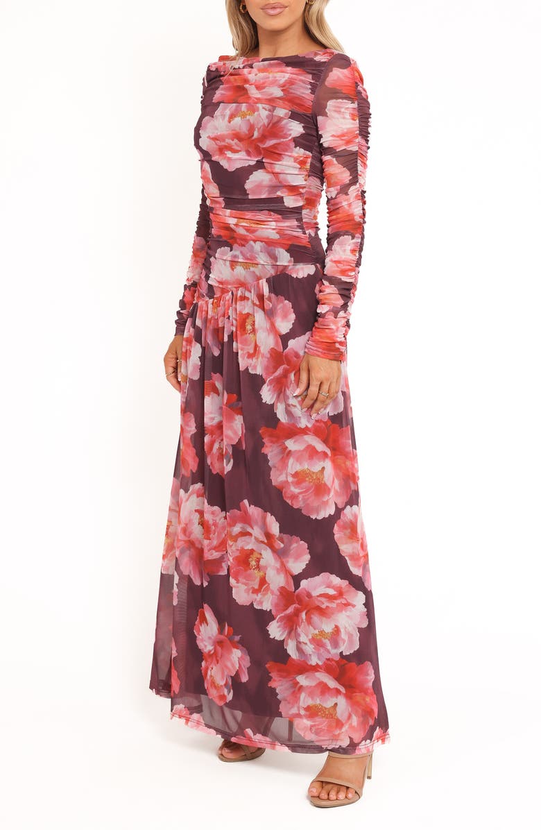Petal & Pup Calypso Floral Ruched Long Sleeve Mesh Maxi Dress, Alternate, color, Burgundy Peony