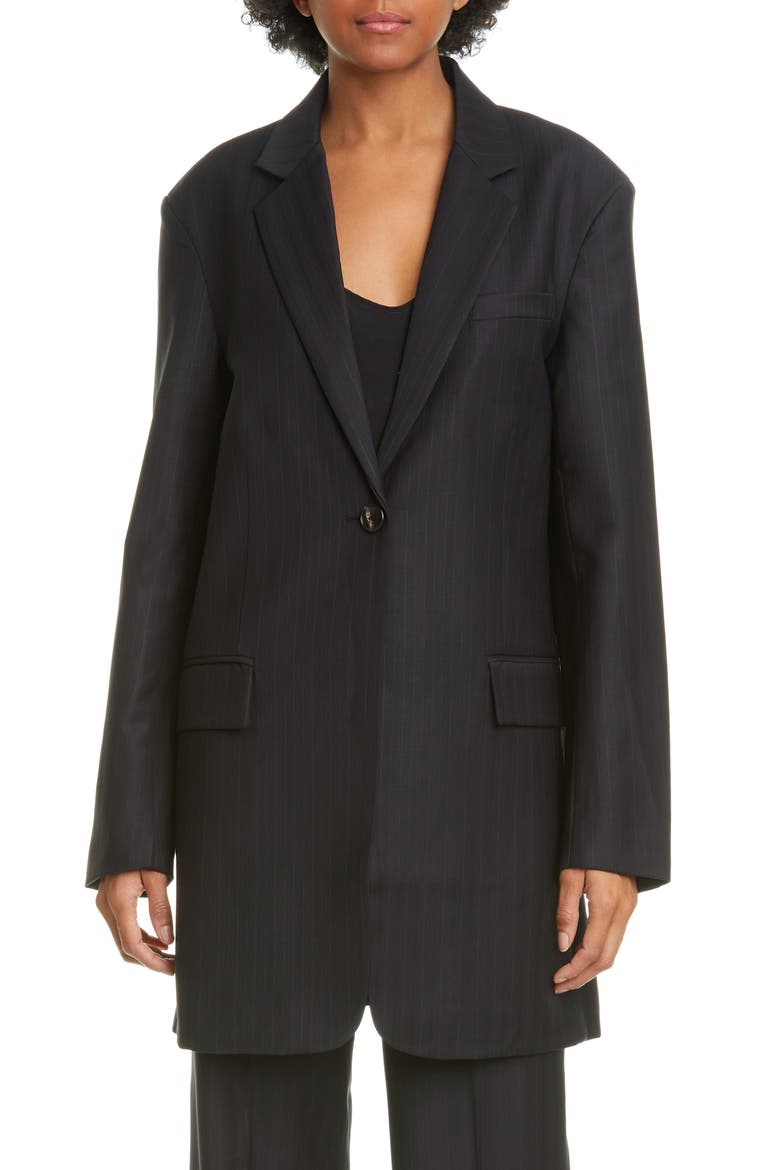 Pinstripe Oversize Wool Blend Blazer, Main, color, BLACK