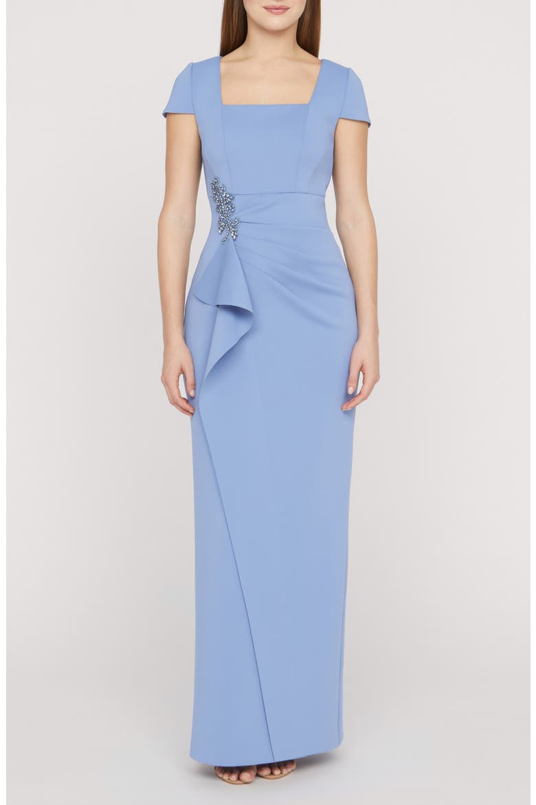 Matilda Bead Detail Cascade Ruffle Gown, Main, color, MANOR BLUE