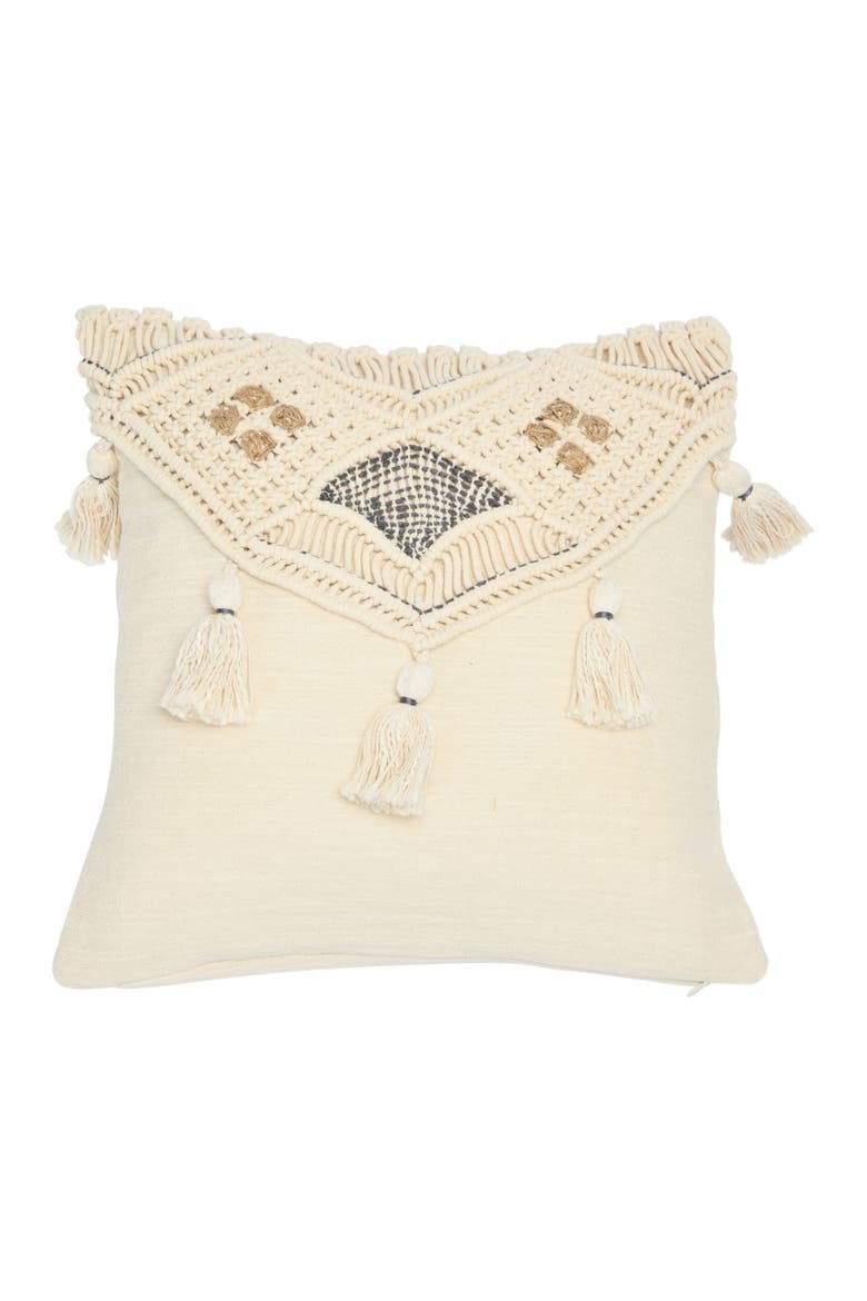 Hand-Woven Cotton and Jute Macramé Pillow with Tassels, Main, color, Cream