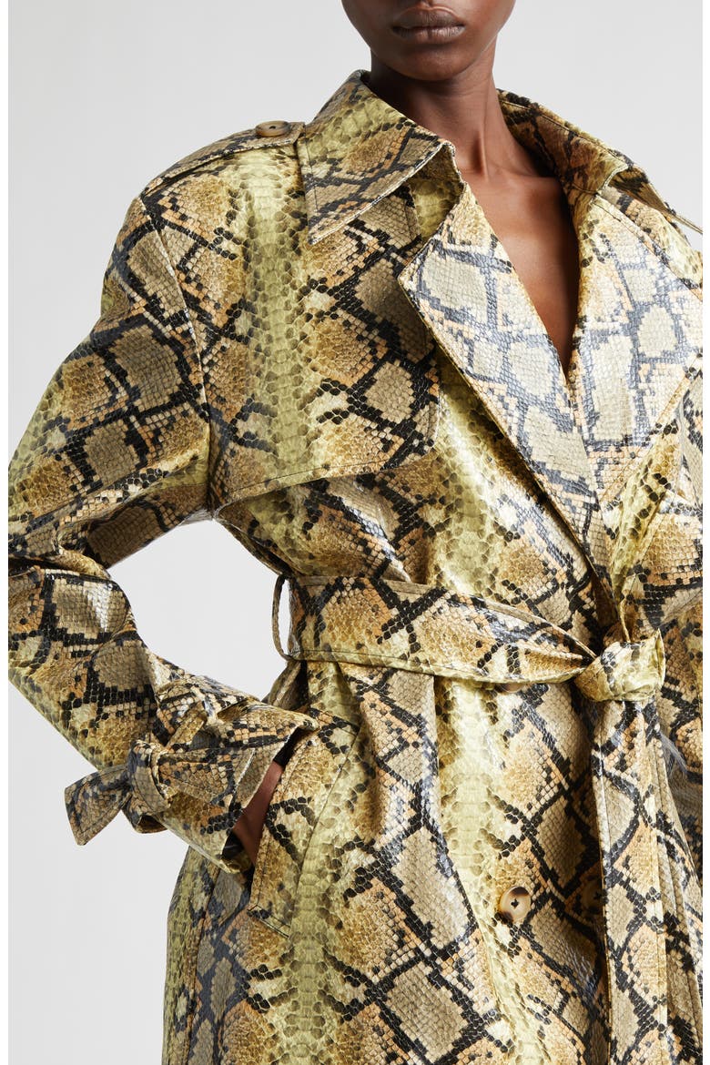 Snakeskin Embossed Faux Leather Trench Coat, Alternate, color, SNAKESKIN