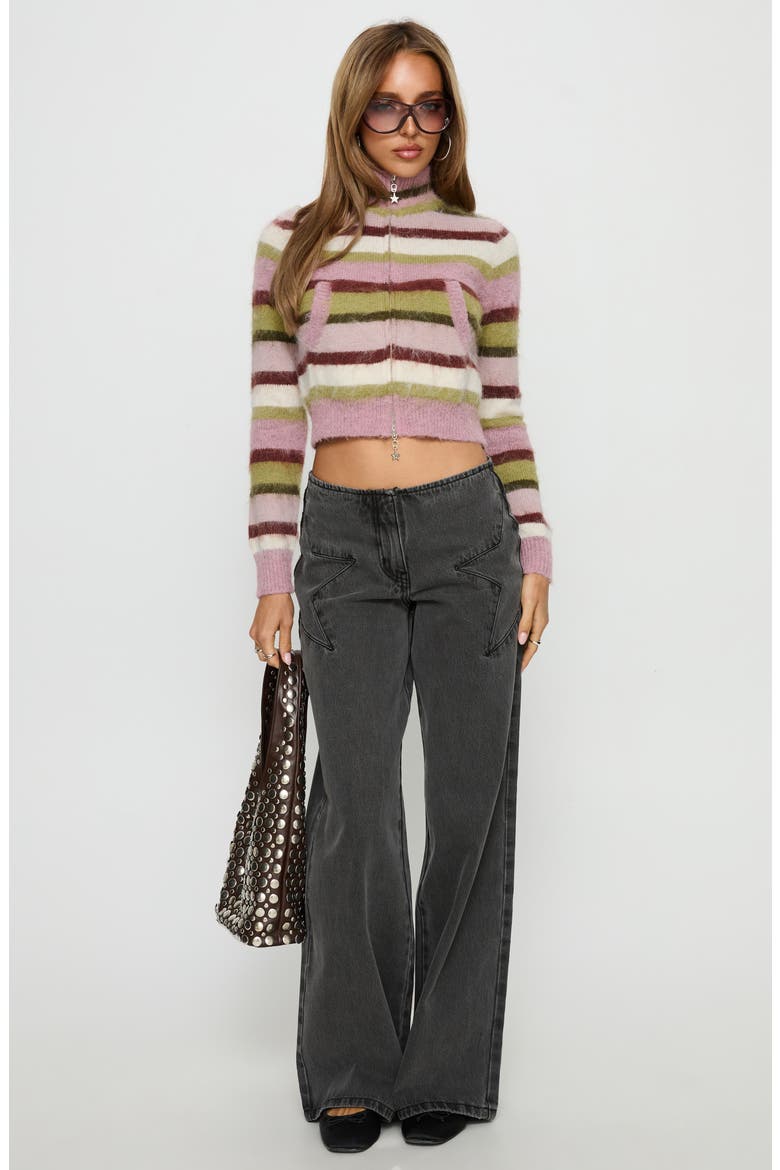 Keeve Mock Neck Front Zip Crop Sweater, Alternate, color, PINK / GREEN STRIPE