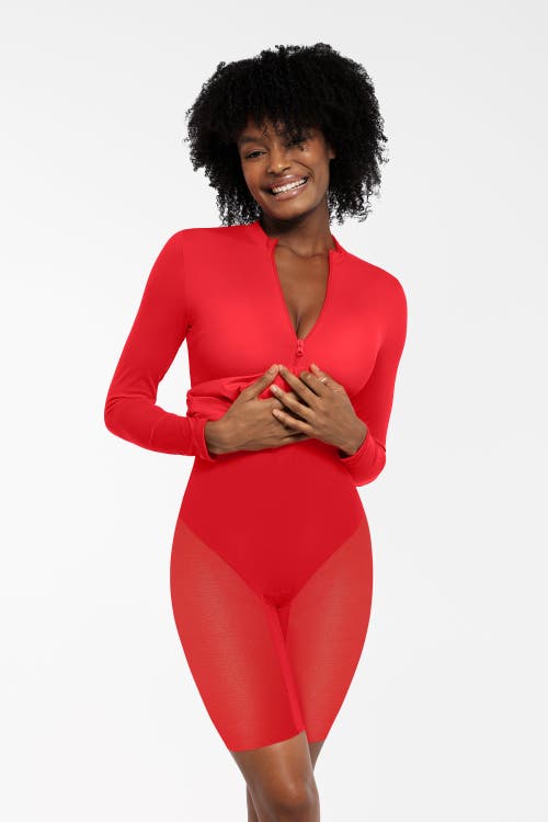 Popilush Redtag Thermal Shapewear Long Sleeve Mock Neck Midi Dress In Rust Red
