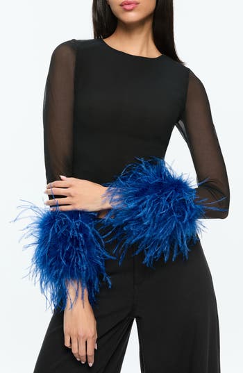 Alice And Olivia Delaina Mesh Feather Cuffed Long Sleeve Top In Black/royal