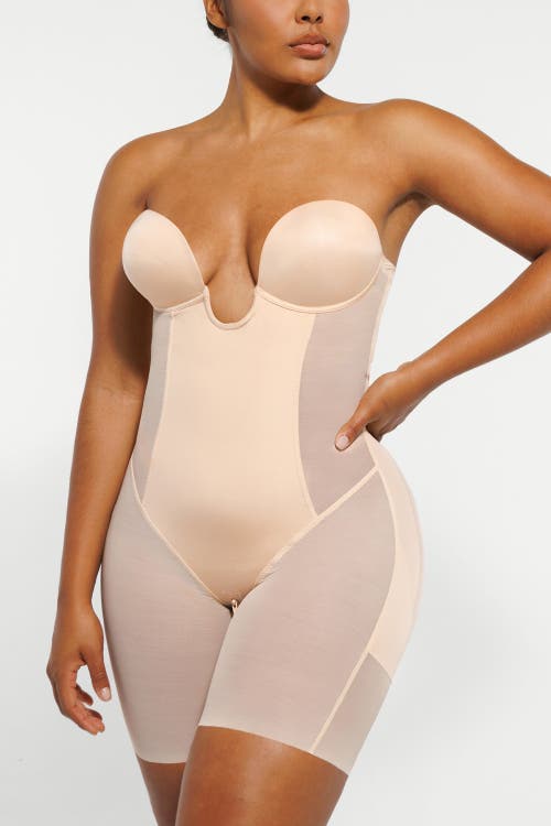 Shapellx Deep Plunge Butt Lifting Shaping Bodysuit In Pinkish Beige