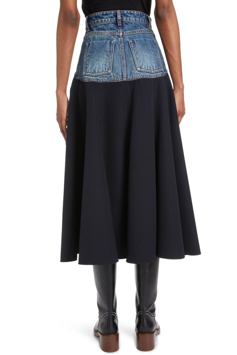 Mixed Media Denim & Virgin Wool Midi Skirt, Alternate, color, INK NAVY