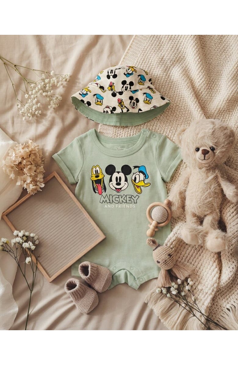 Disney Mickey Mouse 2-Piece Romper and Bucket Hat Set, Alternate, color, Mickey Friends Mint
