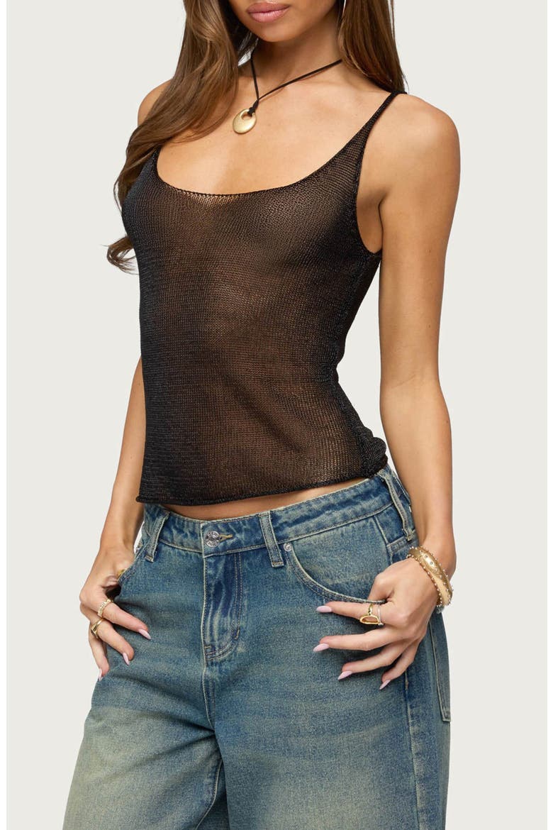 Meena Shiny Open Stitch Knit Tank, Alternate, color, BLACK