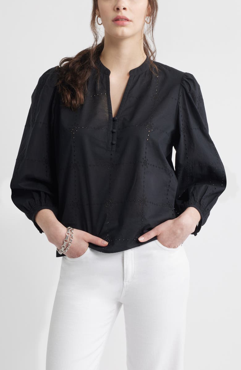 Caslon<sup>®</sup> Eyelet Embroidered Cotton Popover Top, Main, color, Black