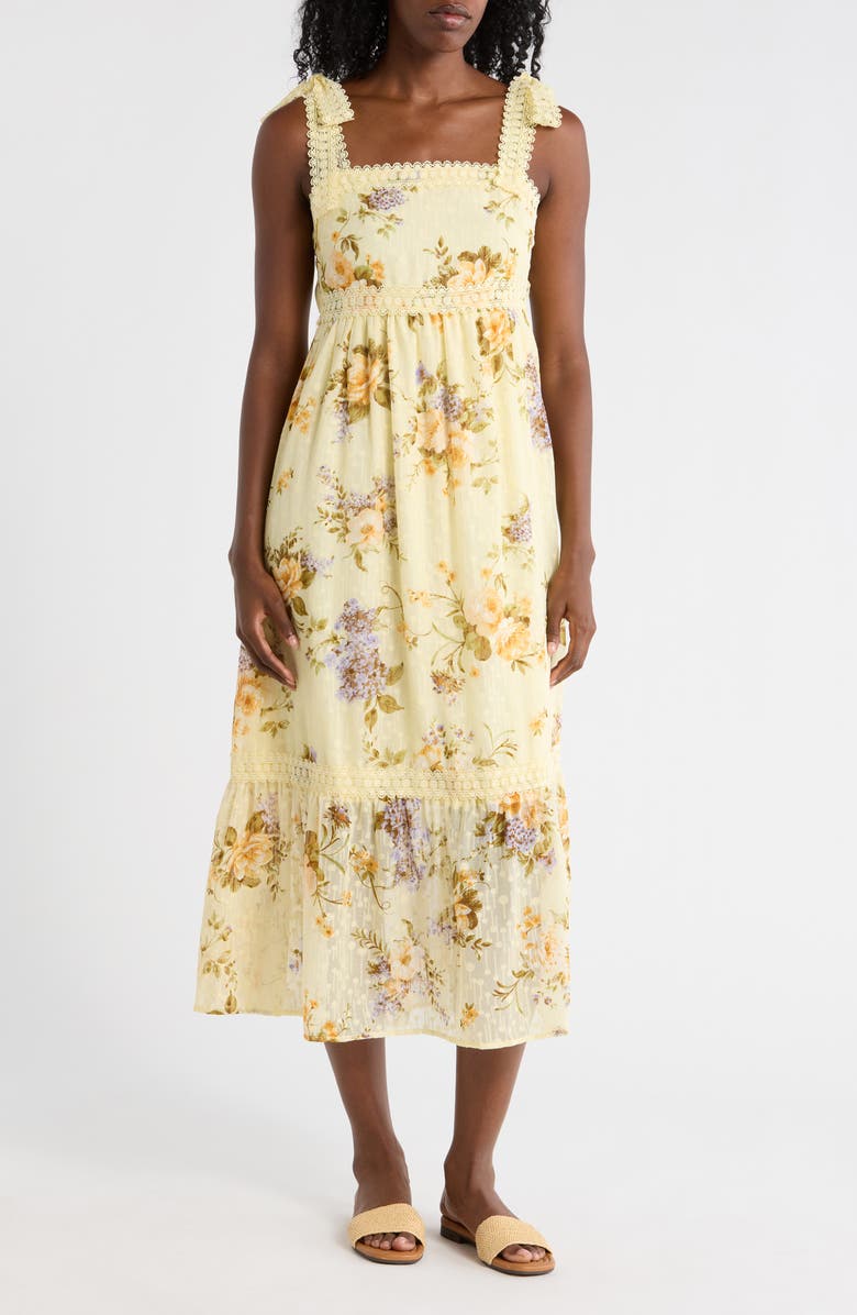 AUGUST SKY Floral Tie Strap Midi Dress, Main, color, Yellow Multi