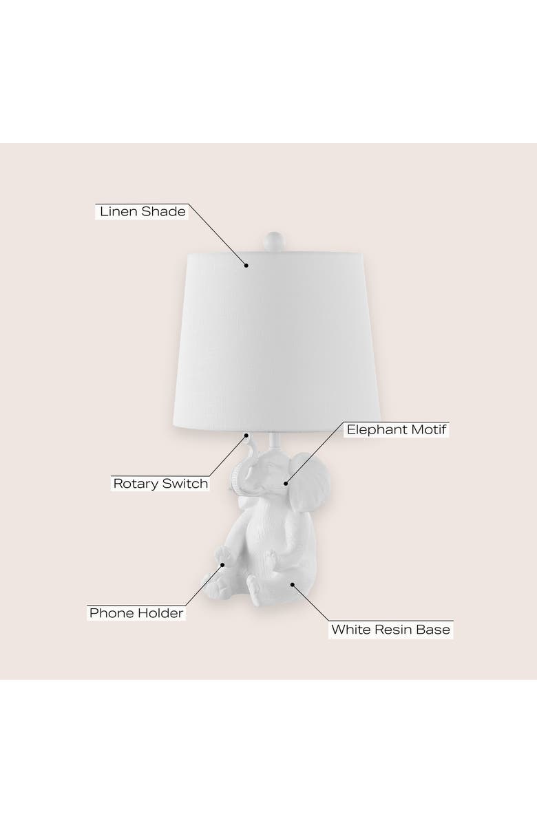 JONATHAN Y Kairi Modern Shabby Chic Resin/Iron Happy Elephant LED Kids' Table Lamp with Phone Stand, Alternate, color, White