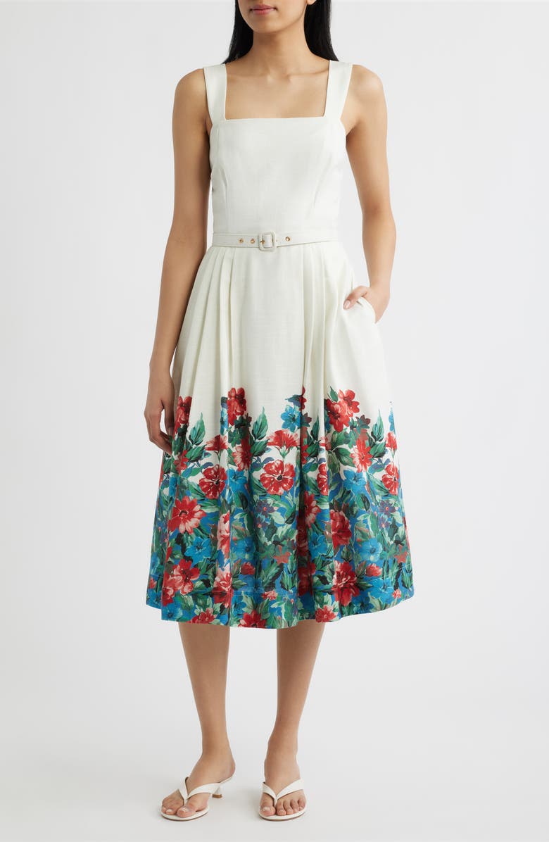 Tahari ASL Belted Border Print Sleeveless Midi Dress, Main, color, 